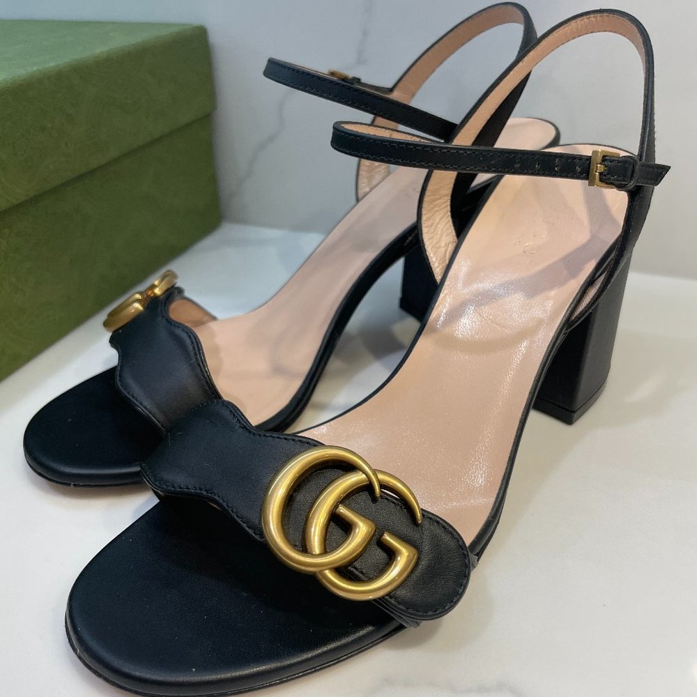 GUCCI - GG Marmont Leather Block Heel Sandal Black size 37 - US size 7 - Picture 1 of 8
